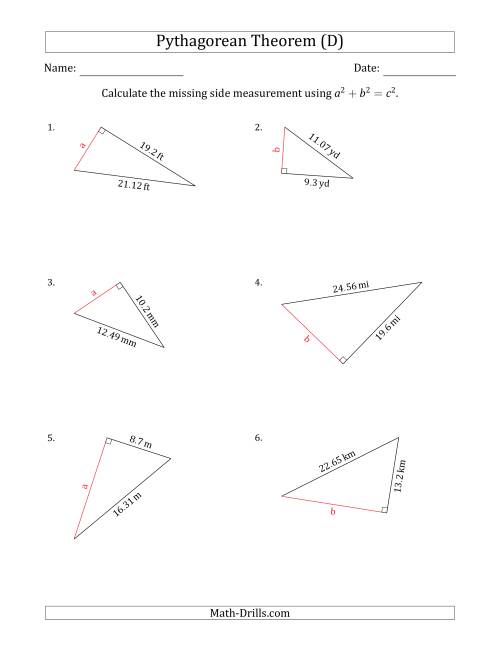 The Calculate a Cathetus Using Pythagorean Theorem (D) Math Worksheet
