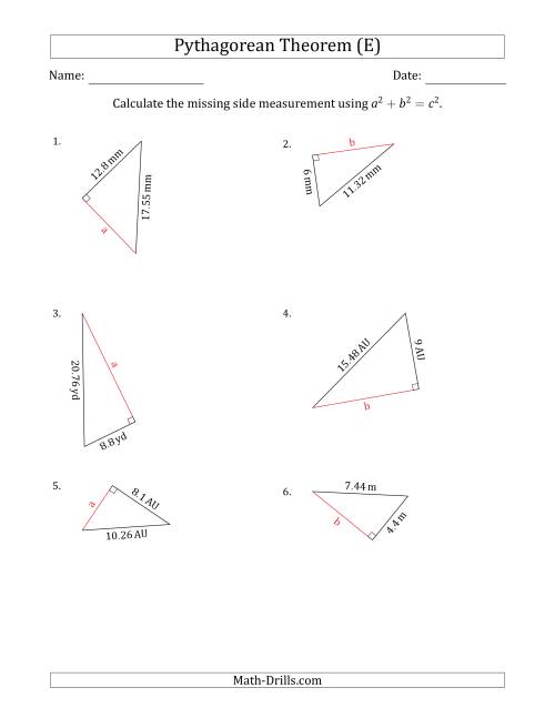 The Calculate a Cathetus Using Pythagorean Theorem (E) Math Worksheet
