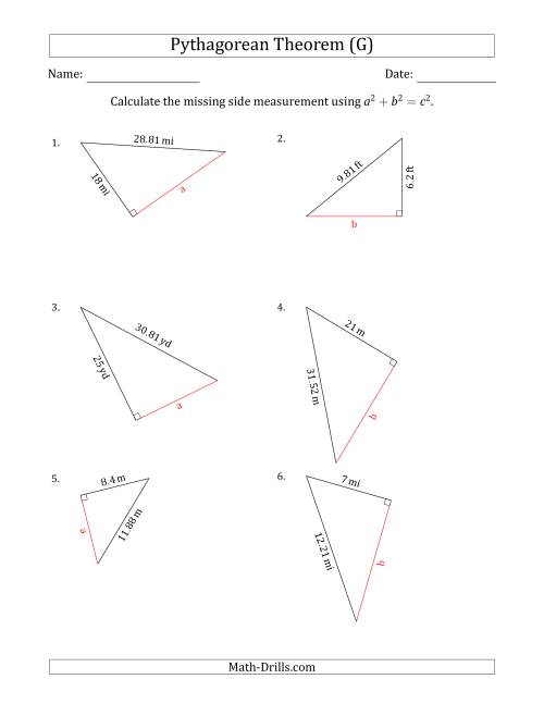 The Calculate a Cathetus Using Pythagorean Theorem (G) Math Worksheet