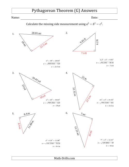 The Calculate a Cathetus Using Pythagorean Theorem (G) Math Worksheet Page 2