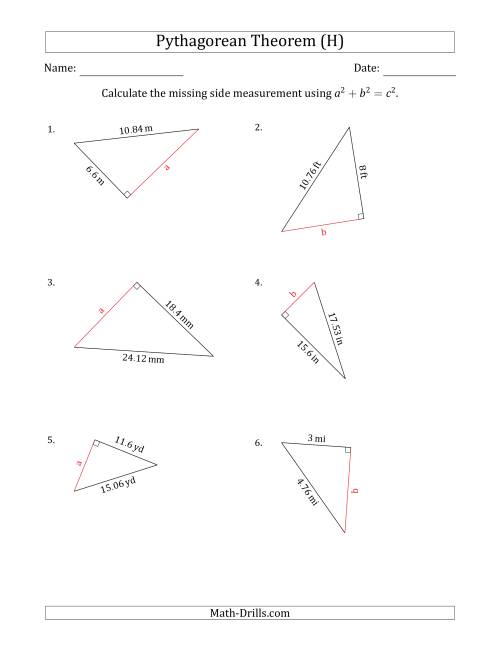 The Calculate a Cathetus Using Pythagorean Theorem (H) Math Worksheet