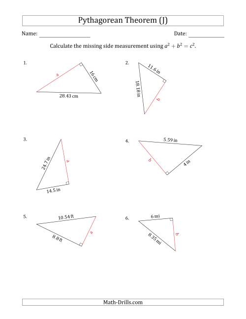 The Calculate a Cathetus Using Pythagorean Theorem (J) Math Worksheet