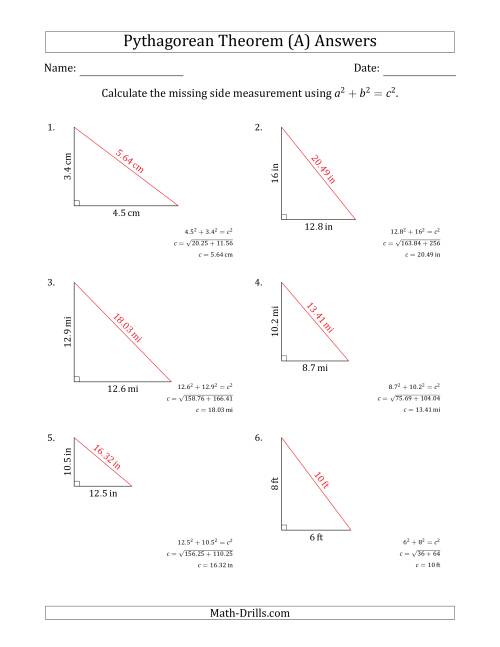The Calculate the Hypotenuse Using Pythagorean Theorem (No Rotation) (A) Math Worksheet Page 2