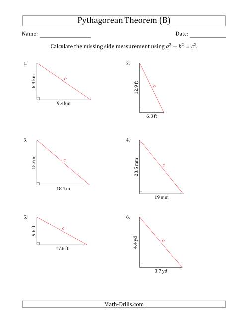 The Calculate the Hypotenuse Using Pythagorean Theorem (No Rotation) (B) Math Worksheet