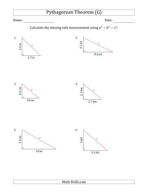 The Calculate the Hypotenuse Using Pythagorean Theorem (No Rotation) (G) Math Worksheet