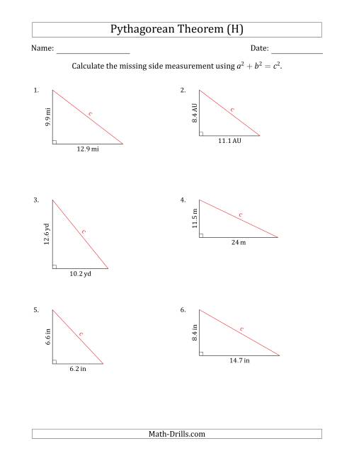 The Calculate the Hypotenuse Using Pythagorean Theorem (No Rotation) (H) Math Worksheet