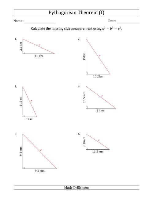 The Calculate the Hypotenuse Using Pythagorean Theorem (No Rotation) (I) Math Worksheet