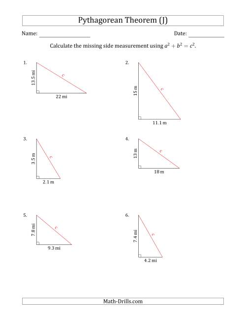 The Calculate the Hypotenuse Using Pythagorean Theorem (No Rotation) (J) Math Worksheet