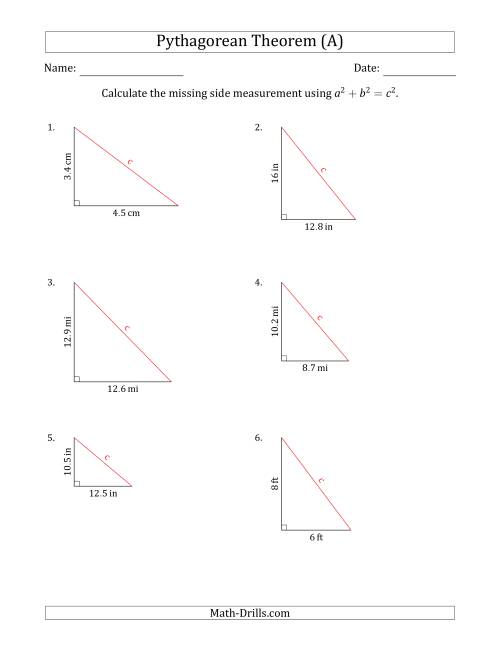 The Calculate the Hypotenuse Using Pythagorean Theorem (No Rotation) (All) Math Worksheet