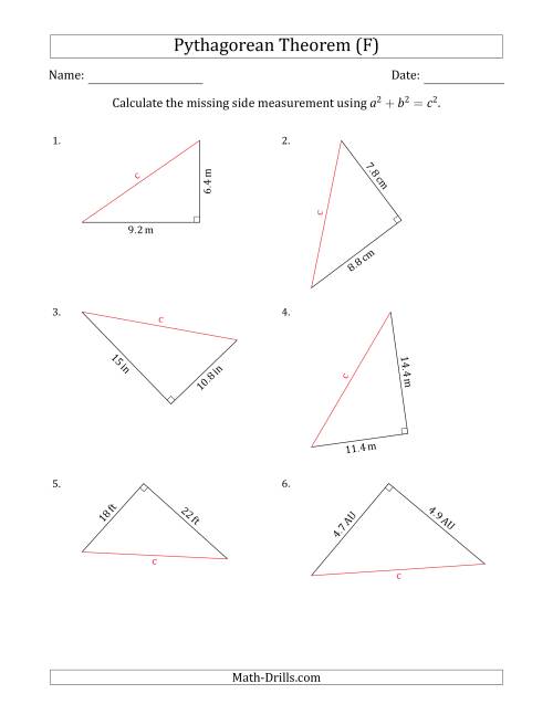 The Calculate the Hypotenuse Using Pythagorean Theorem (F) Math Worksheet
