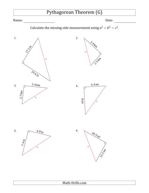 The Calculate the Hypotenuse Using Pythagorean Theorem (G) Math Worksheet