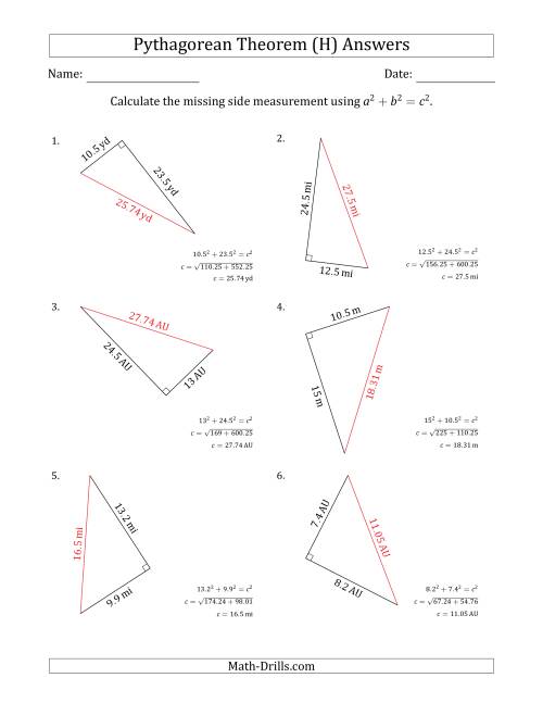 The Calculate the Hypotenuse Using Pythagorean Theorem (H) Math Worksheet Page 2
