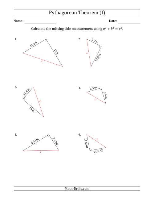 The Calculate the Hypotenuse Using Pythagorean Theorem (I) Math Worksheet
