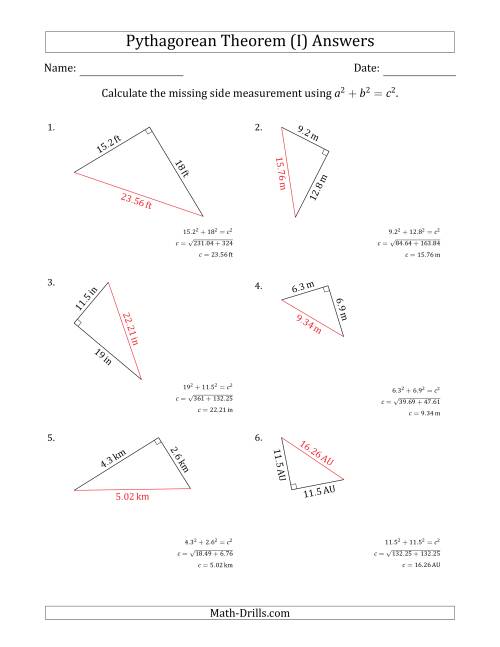 The Calculate the Hypotenuse Using Pythagorean Theorem (I) Math Worksheet Page 2