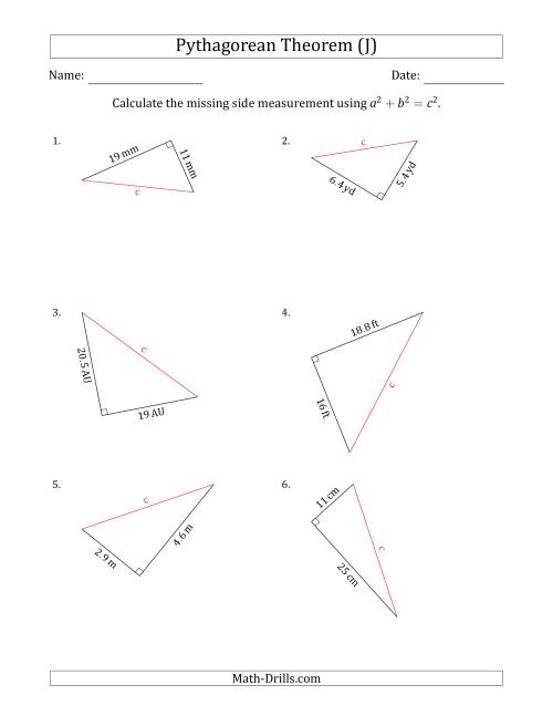 The Calculate the Hypotenuse Using Pythagorean Theorem (J) Math Worksheet
