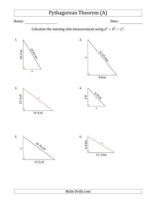 The Calculate a Side Measurement Using Pythagorean Theorem (No Rotation) (A) Math Worksheet