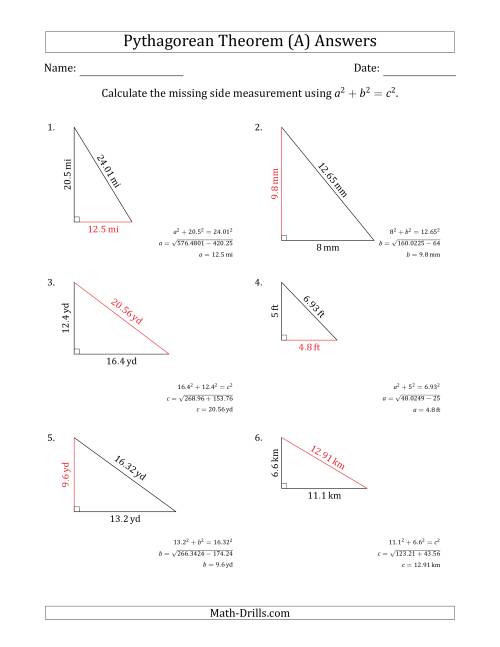The Calculate a Side Measurement Using Pythagorean Theorem (No Rotation) (A) Math Worksheet Page 2