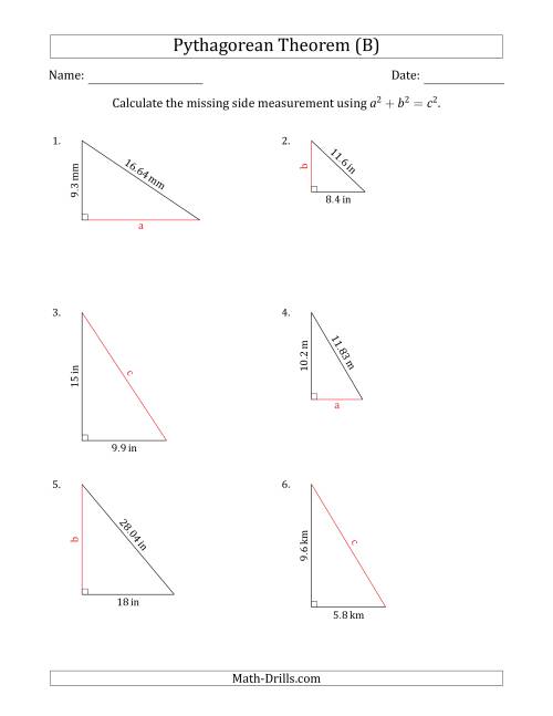 The Calculate a Side Measurement Using Pythagorean Theorem (No Rotation) (B) Math Worksheet