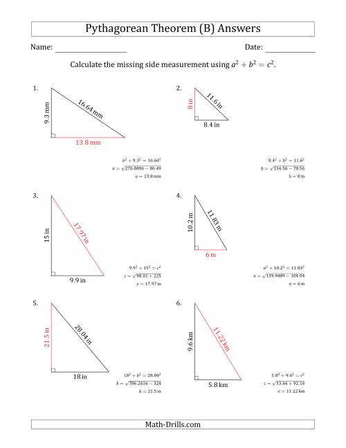 The Calculate a Side Measurement Using Pythagorean Theorem (No Rotation) (B) Math Worksheet Page 2