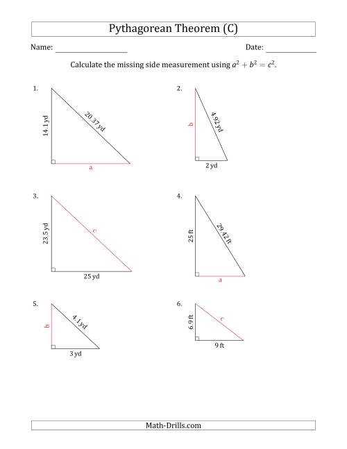 The Calculate a Side Measurement Using Pythagorean Theorem (No Rotation) (C) Math Worksheet