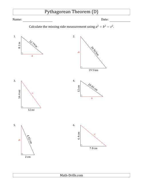 The Calculate a Side Measurement Using Pythagorean Theorem (No Rotation) (D) Math Worksheet