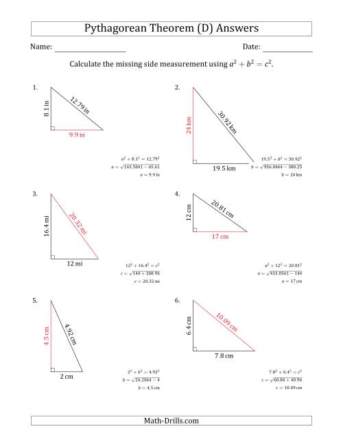 The Calculate a Side Measurement Using Pythagorean Theorem (No Rotation) (D) Math Worksheet Page 2