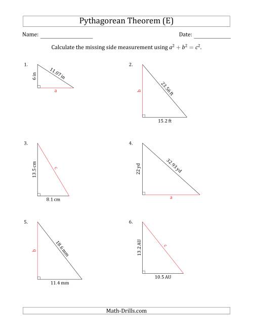 The Calculate a Side Measurement Using Pythagorean Theorem (No Rotation) (E) Math Worksheet