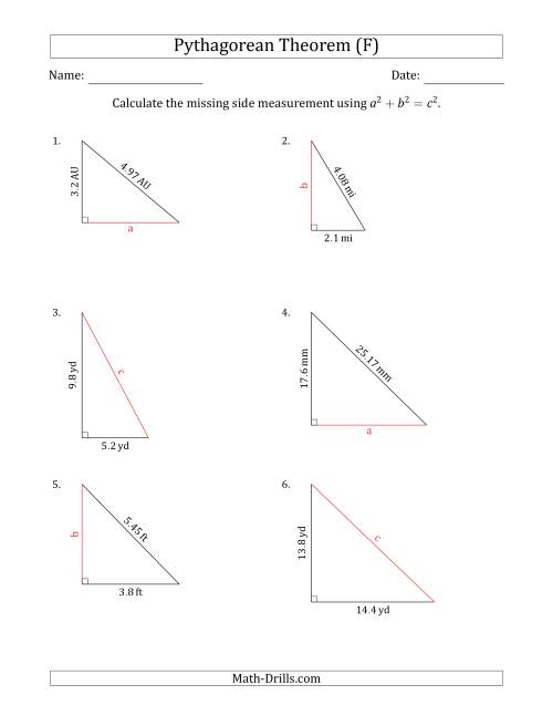The Calculate a Side Measurement Using Pythagorean Theorem (No Rotation) (F) Math Worksheet