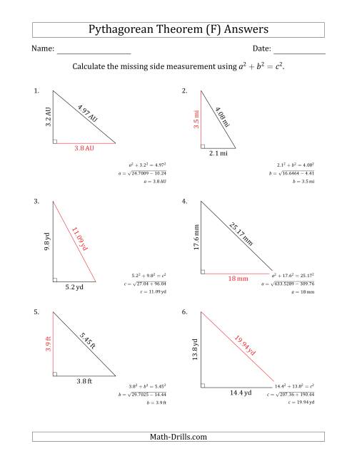 The Calculate a Side Measurement Using Pythagorean Theorem (No Rotation) (F) Math Worksheet Page 2