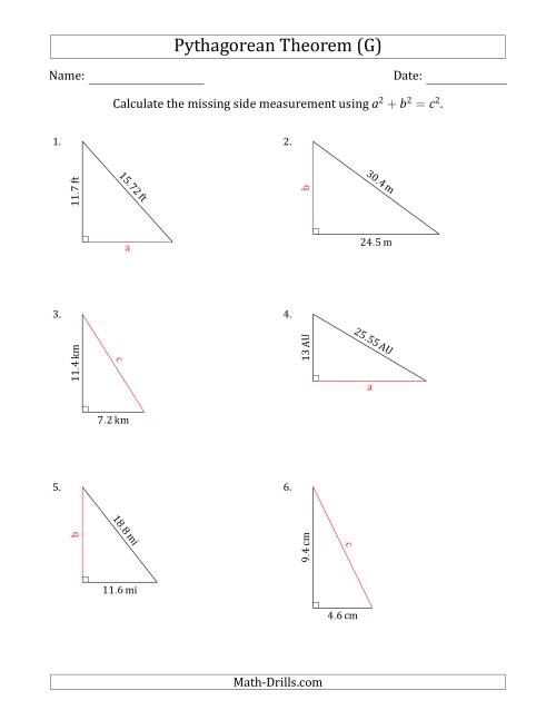 The Calculate a Side Measurement Using Pythagorean Theorem (No Rotation) (G) Math Worksheet