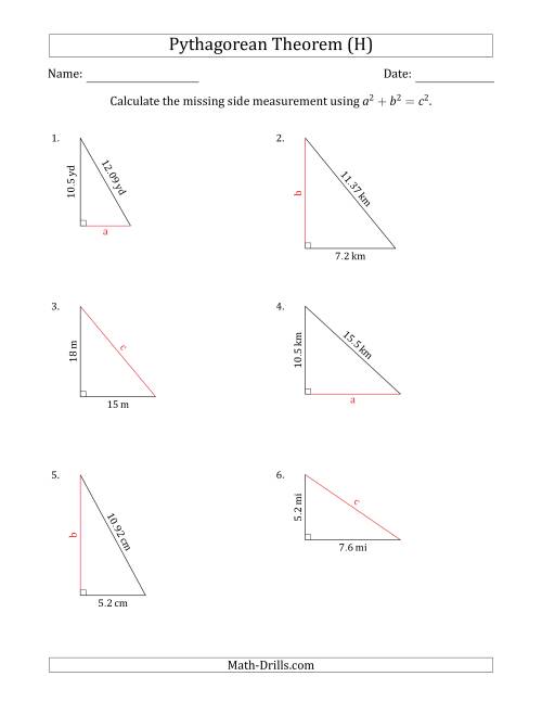 The Calculate a Side Measurement Using Pythagorean Theorem (No Rotation) (H) Math Worksheet