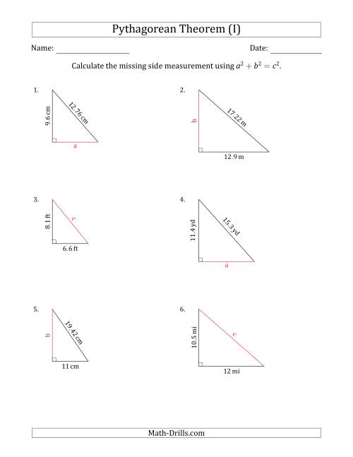 The Calculate a Side Measurement Using Pythagorean Theorem (No Rotation) (I) Math Worksheet