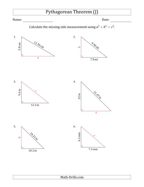 The Calculate a Side Measurement Using Pythagorean Theorem (No Rotation) (J) Math Worksheet