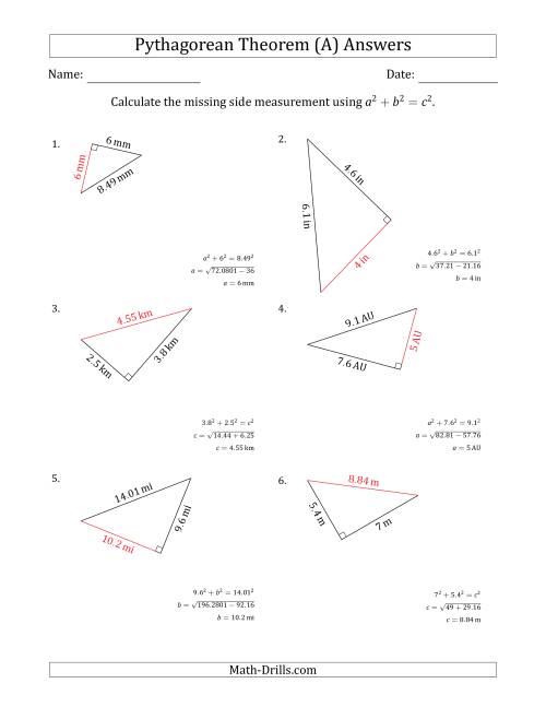 The Calculate a Side Measurement Using Pythagorean Theorem (A) Math Worksheet Page 2