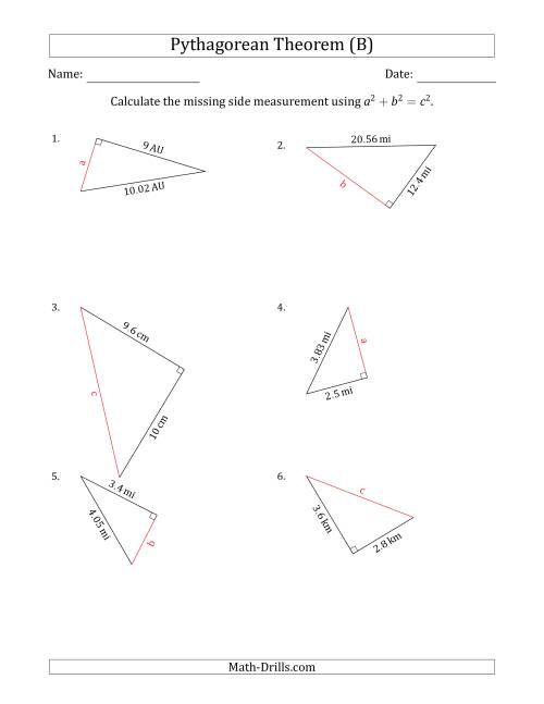 The Calculate a Side Measurement Using Pythagorean Theorem (B) Math Worksheet