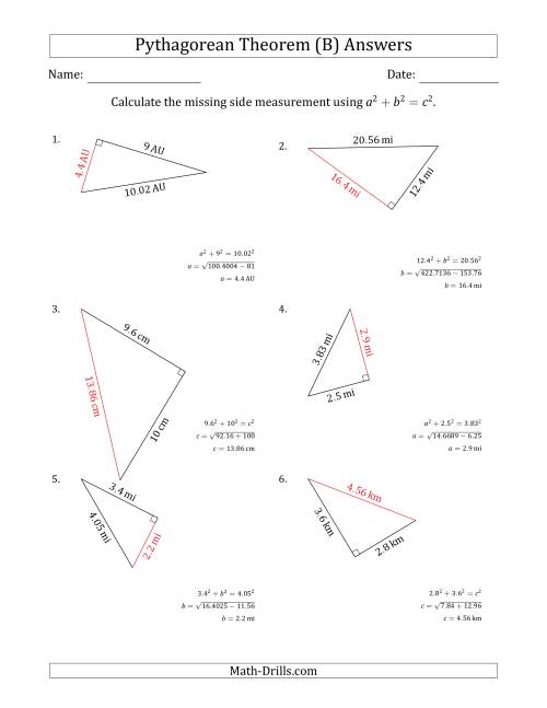 The Calculate a Side Measurement Using Pythagorean Theorem (B) Math Worksheet Page 2
