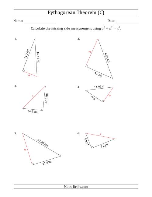 The Calculate a Side Measurement Using Pythagorean Theorem (C) Math Worksheet