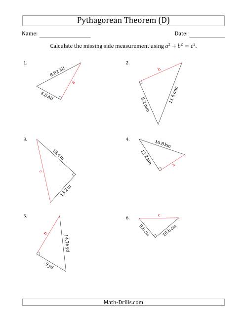 The Calculate a Side Measurement Using Pythagorean Theorem (D) Math Worksheet