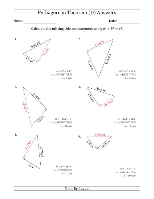 The Calculate a Side Measurement Using Pythagorean Theorem (D) Math Worksheet Page 2
