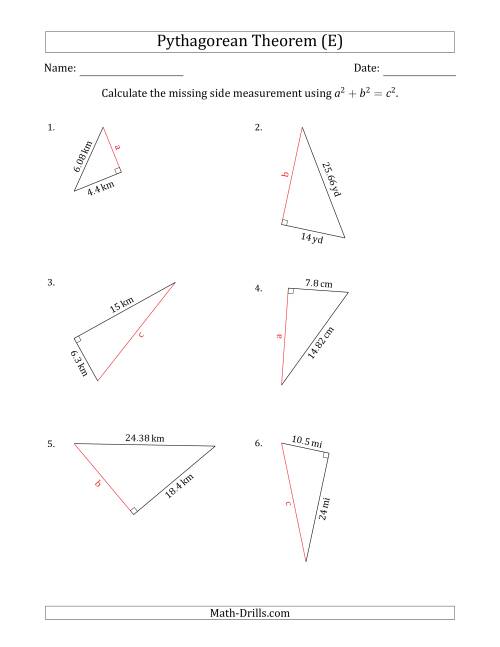 The Calculate a Side Measurement Using Pythagorean Theorem (E) Math Worksheet
