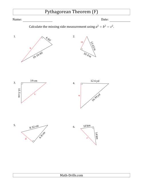 The Calculate a Side Measurement Using Pythagorean Theorem (F) Math Worksheet