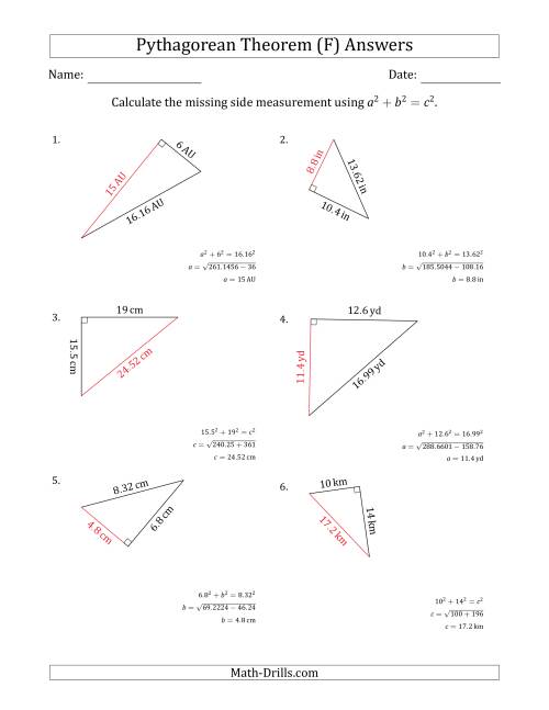 The Calculate a Side Measurement Using Pythagorean Theorem (F) Math Worksheet Page 2