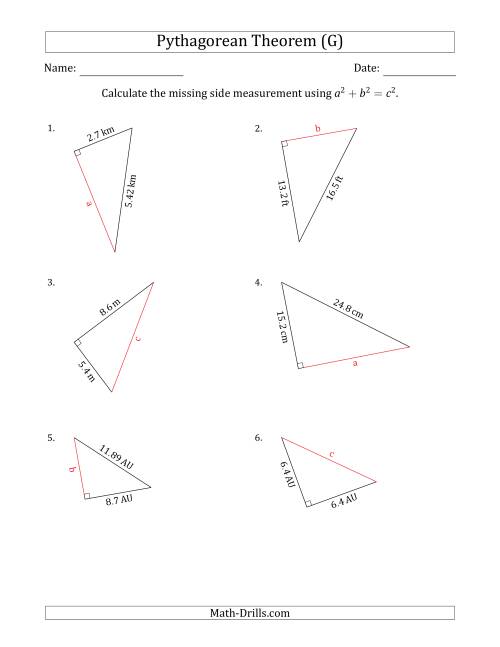 The Calculate a Side Measurement Using Pythagorean Theorem (G) Math Worksheet