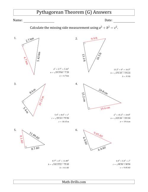 The Calculate a Side Measurement Using Pythagorean Theorem (G) Math Worksheet Page 2