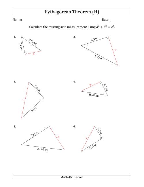 The Calculate a Side Measurement Using Pythagorean Theorem (H) Math Worksheet