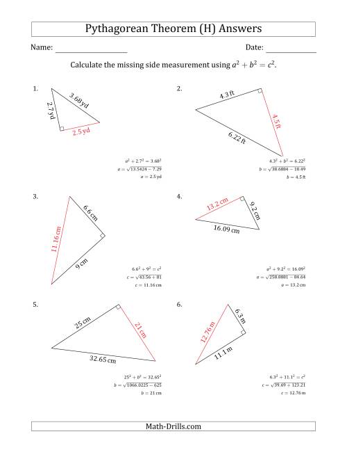 The Calculate a Side Measurement Using Pythagorean Theorem (H) Math Worksheet Page 2
