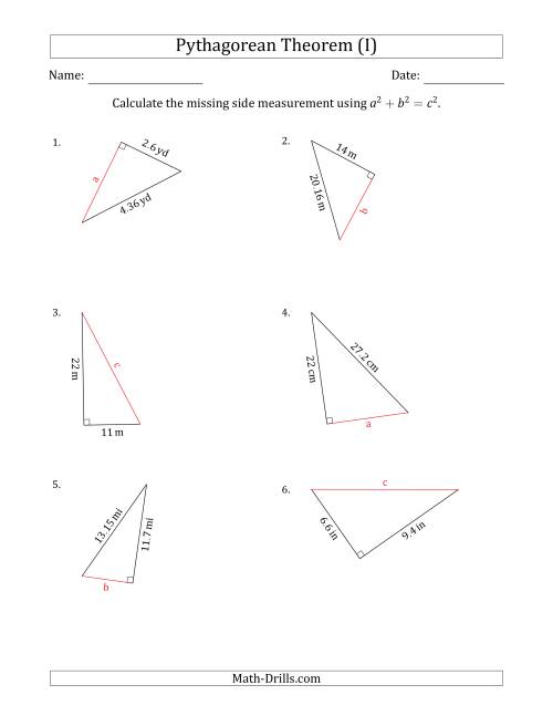 The Calculate a Side Measurement Using Pythagorean Theorem (I) Math Worksheet