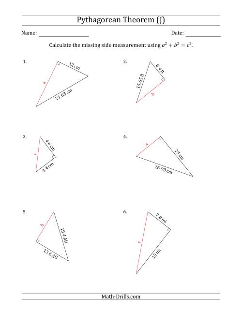 The Calculate a Side Measurement Using Pythagorean Theorem (J) Math Worksheet