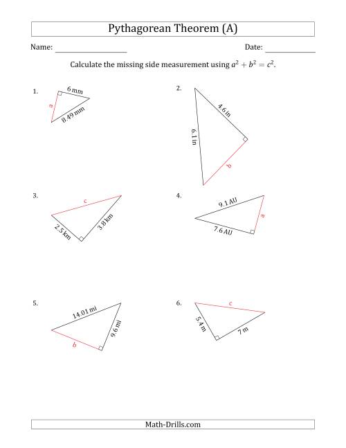The Calculate a Side Measurement Using Pythagorean Theorem (All) Math Worksheet