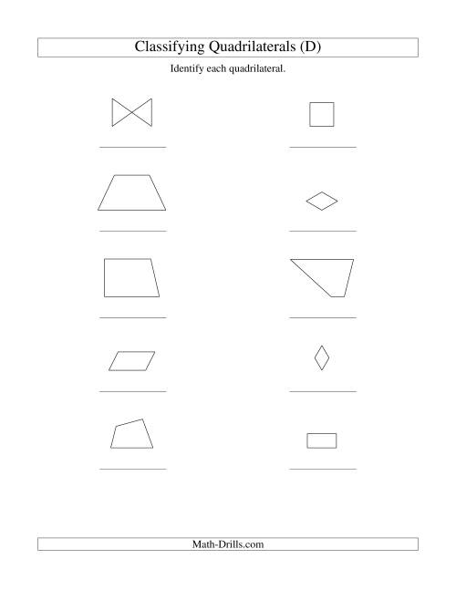 The Classifying Quadrilaterals (No Rotation) (D) Math Worksheet
